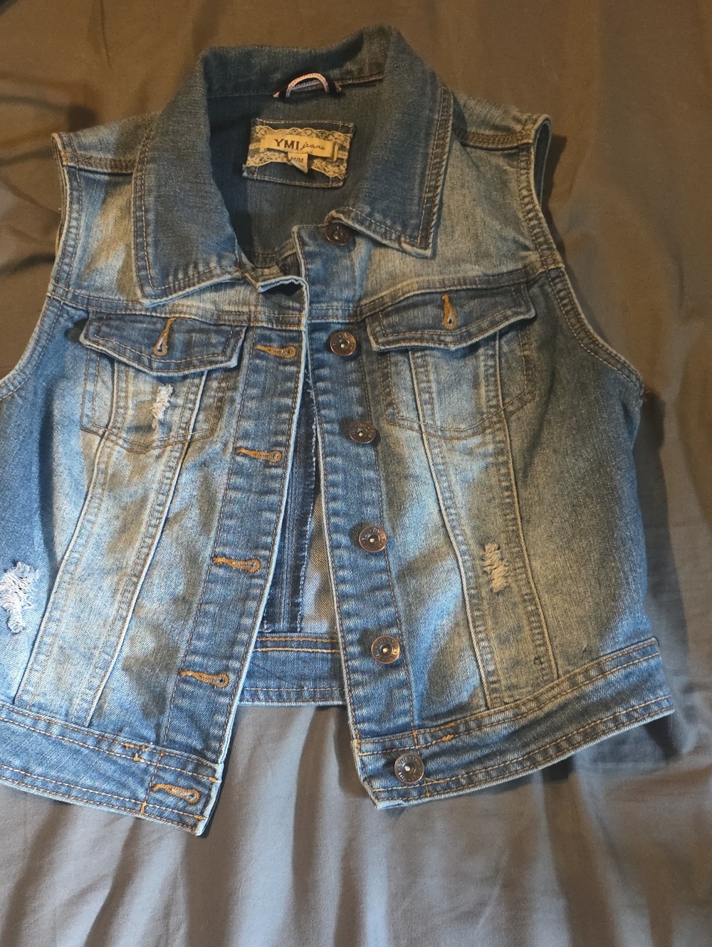 YMI Light Blue Washed Denim Vest with Distressed Details Women's Medium